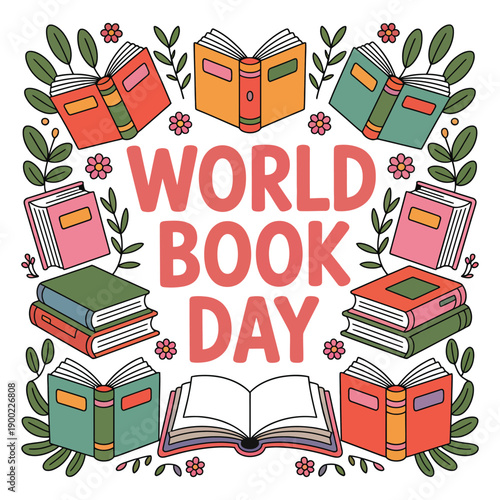 A colorful illustration celebrating World Book Day with books and flowers