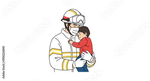 Courageous firefighter in protective gear and mask carrying a sleeping child safely from danger