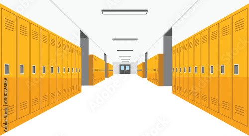 Empty school hallway with bright yellow lockers extending into the distance under fluorescent lighting