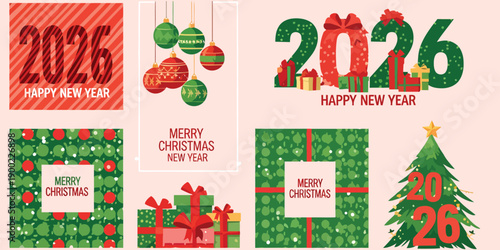 Vintage Christmas card design featuring a vector set of festive holiday elements and fresh fruit icons like apples and strawberries arranged in a green winter nature border