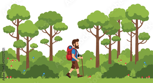 Bearded man with backpack and hiking stick walking through a lush vibrant green forest with mushrooms
