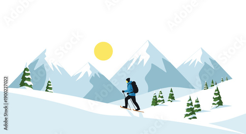 Determined person on touring skis traversing a vast snow-covered mountain landscape under clear sky
