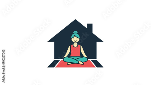 A cartoon woman in a yoga pose inside a house silhouette on a white background