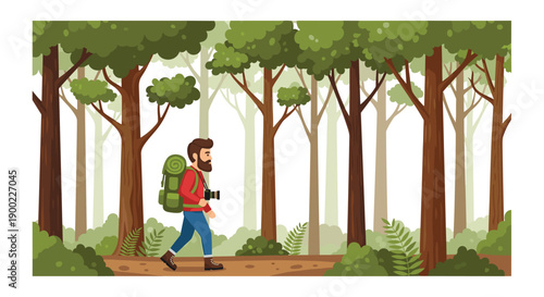 Calm bearded man with backpack and camera walking through a dense tall green forest with abundant ferns
