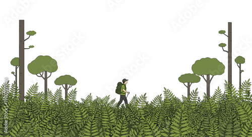 Lone hiker with backpack and poles walking through tall lush green ferns with sparse trees in nature