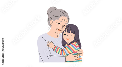 Loving grandmother with grey hair hugging her cheerful young granddaughter demonstrating family bond