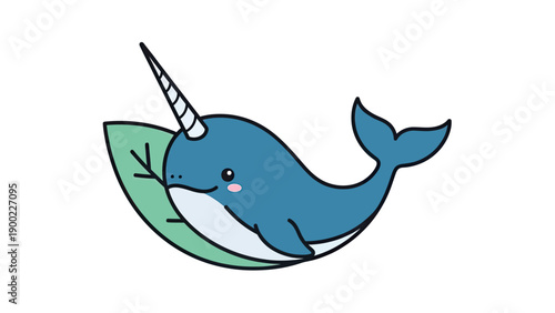 A cartoon narwhal with a horn, resting on a leaf, with a cute pink cheek