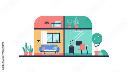 A colorful, cutaway diagram showcasing two floors with a living space and an office