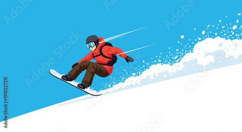 Energetic illustration of a snowboarder in a red jacket and dark pants, effortlessly descending a snowy slope with snow