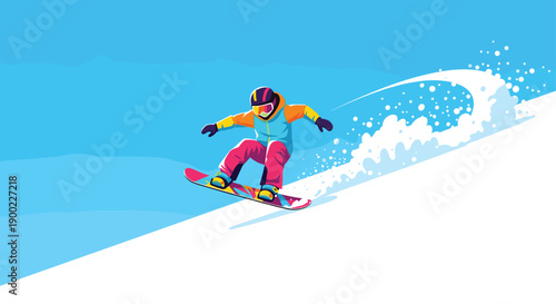 Vibrant illustration of a snowboarder in colorful attire, performing a powerful turn down a snowy mountain slope under