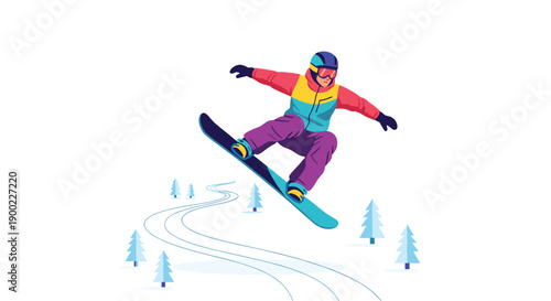 Stylized illustration of a snowboarder mid-air, jumping over a snowy terrain with sparse pine trees and carved tracks,