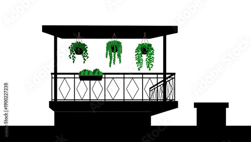 A black silhouette of a balcony with hanging plants and a railing with diamond pattern, on white