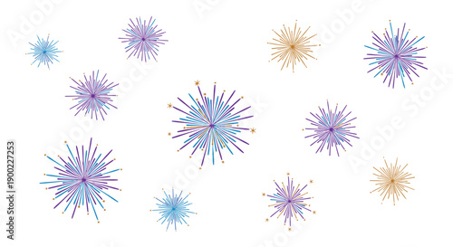 Collection of multiple stylized fireworks bursts scattering across a white background, featuring vibrant purple, blue,