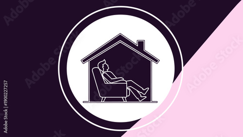 Simplified illustration of person relaxing at home, house silhouette, circular frame, background