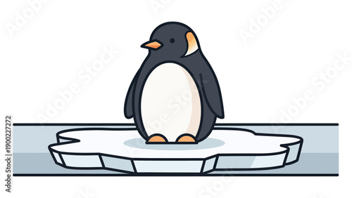 A cartoon penguin stands on an ice floe in a simplified illustration style