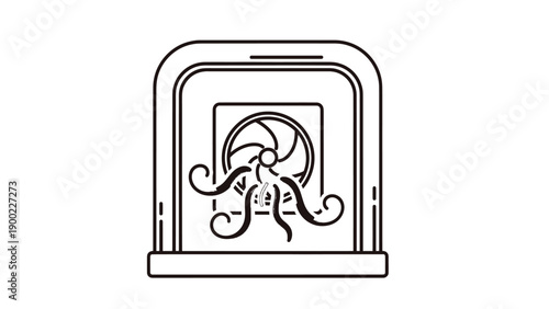 A stylized black and white illustration of a fan inside a square frame. Tentacles emanate