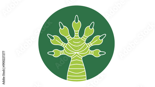 A stylized reptilian foot with claws, rendered in shades of green within a dark green circle