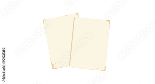 Two empty, textured vintage paper sheets with slightly curled and discolored edges, overlapping on a clean white