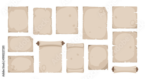 Diverse collection of aged and textured vintage paper sheets and scrolls with distressed edges and stains, evoking an