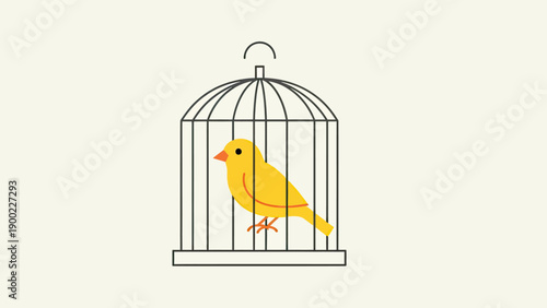 A vibrant yellow bird inside a simple black cage against a neutral background