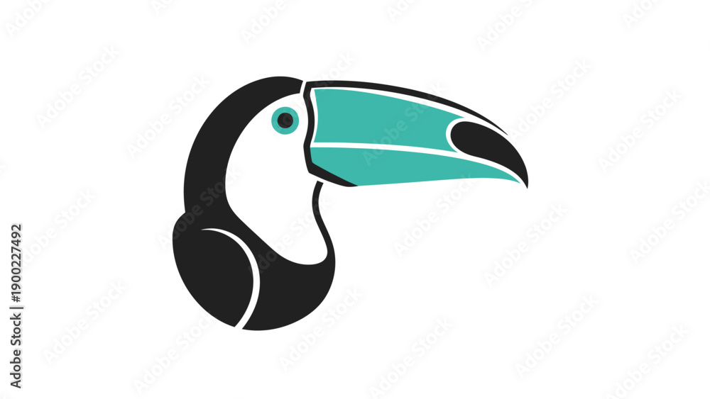Fototapeta premium Simplified vector graphic of a toucan head. Black, teal, and white. Minimalist design