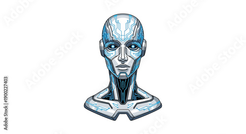 Sleek and elegant robot head with subtle blue circuit patterns and glowing eyes, embodying a vision of advanced