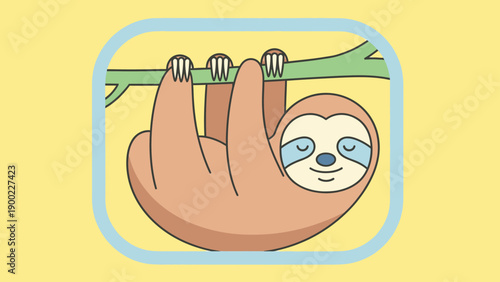 Cartoon sloth hanging on a branch within a rounded, pale blue frame against a yellow background