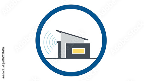 A house icon within a blue circle, with signal waves and a minimalist design