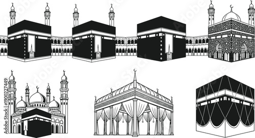 Islamic Religious Architecture Silhouettes Featuring Kaaba, Mosques, Minarets, Dome Structures, Sacred Sites, Pilgrimage, Worship, Mecca, Hajj, Eid