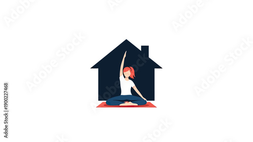 A cartoon woman doing yoga inside a house silhouette, against white background