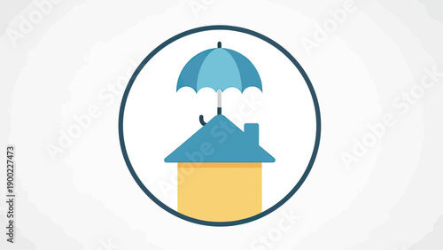 A blue umbrella protects a house icon inside a dark blue circle. It sits on a white background