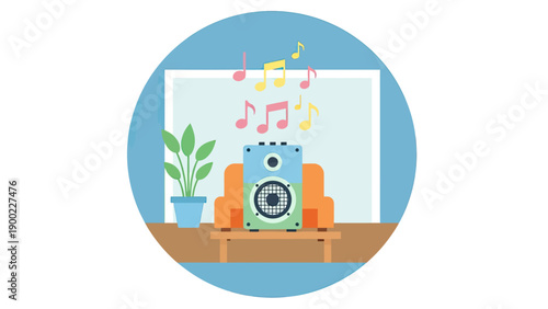 Cartoon illustration featuring a music speaker, couch, potted plant, and musical notes