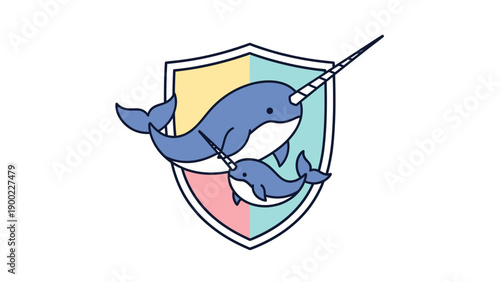 Cute narwhals, one adult and one juvenile, inside a shield with pastel colors
