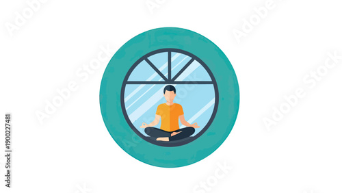A person meditates in a lotus position inside a round window, teal frame