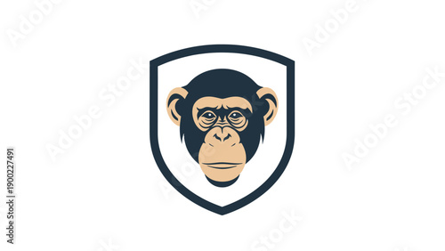 A chimpanzee head within a navy shield. The image has a simplistic design on a white background
