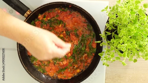 Process of cooking tomato sauce on the pan
