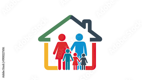 A house shape encloses a family of five in colorful stick figures