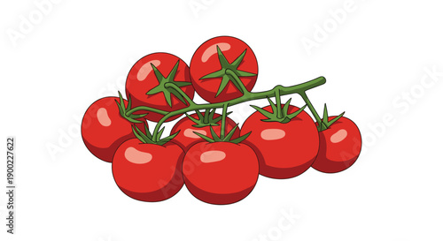 Fresh bunch of ripe red cherry tomatoes, still attached to a green stem, highlighting their juicy texture and