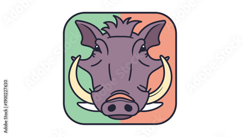 Stylized, cartoonish illustration of a warthog's head within a squared frame with rounded edges