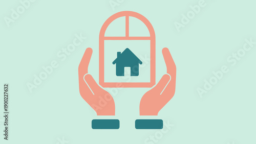 Vector graphic showing hands cradling a house symbol within a frame. A calm, soft aesthetic