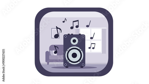 An icon of a room with a large speaker and musical notes floating