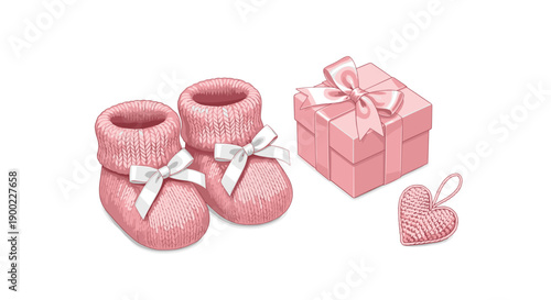 Adorable pink knitted baby booties with gift box and heart, charming newborn accessories set, soft textile present.