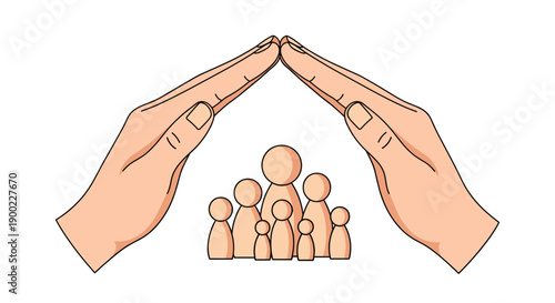 Hands creating a protective roof over abstract family figures, symbolizing safety, security, and care, minimalist style.