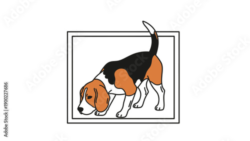 A beagle illustration in a frame, sniffing the ground with black, white, and brown colors