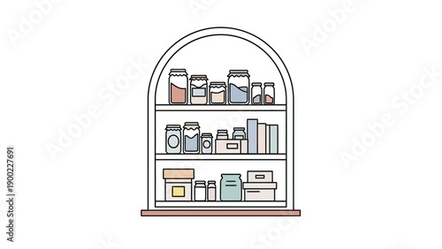 A stylized illustration of a pantry with shelves holding jars, books, and boxes in a minimalist style