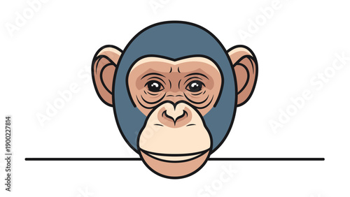 Cartoon chimpanzee head with colored facial features and outlined in black, with a horizontal line below