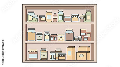 Cartoon illustration of a pantry with assorted jars, bottles, and boxes on shelves