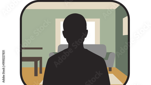 Silhouette faces camera in stylized interior scene. Includes a window, couch, and a small table