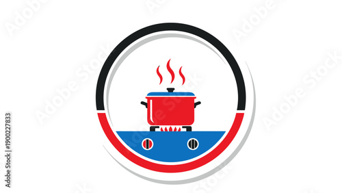 A cooking pot on a stovetop with steam, framed within a circle