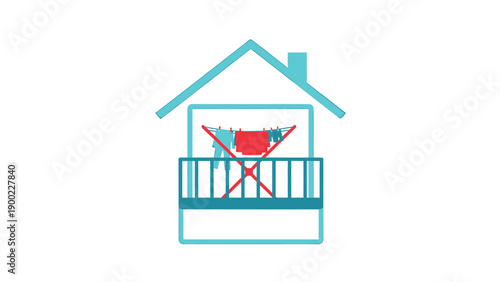 Simple illustration depicts a house with a balcony featuring drying clothes, minimalist design